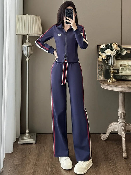 European fashion brand casual sports suit for women 2025 autumn slim fit short cardigan top wide leg pants two-piece suit
