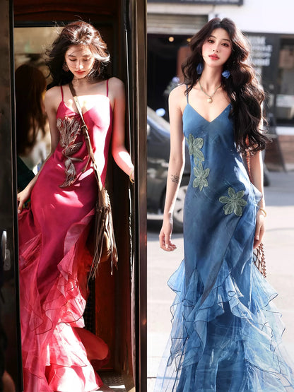 AZure French-style slim-fit fishtail halter maxi dress, elegant, flattering, slimming, waist-cinching, beaded floor-length skirt