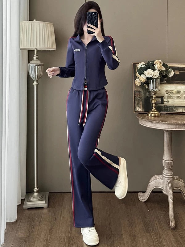 European fashion brand casual sports suit for women 2025 autumn slim fit short cardigan top wide leg pants two-piece suit