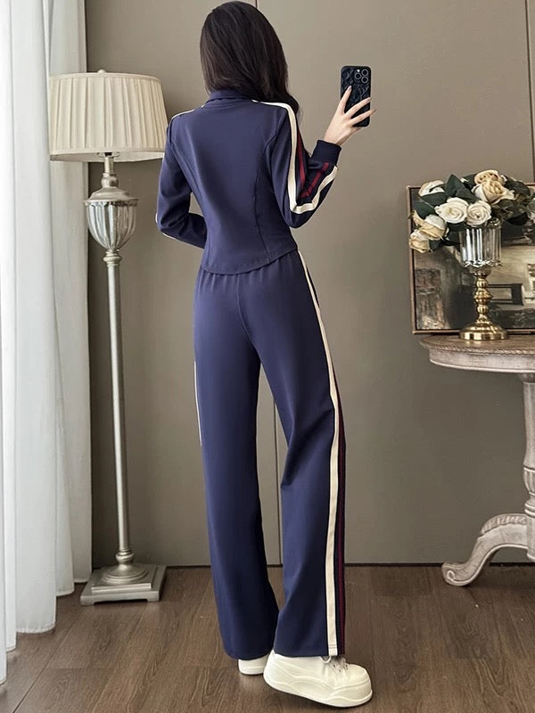 European fashion brand casual sports suit for women 2025 autumn slim fit short cardigan top wide leg pants two-piece suit