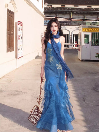 AZure French-style slim-fit fishtail halter maxi dress, elegant, flattering, slimming, waist-cinching, beaded floor-length skirt