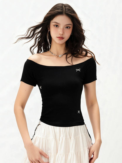 SHIYIYUE black one-shoulder short-sleeved T-shirt women's spring and summer hot girl slim right shoulder bow short bottoming shirt