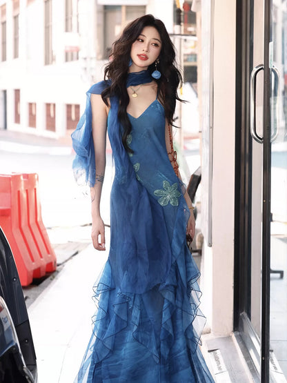 AZure French-style slim-fit fishtail halter maxi dress, elegant, flattering, slimming, waist-cinching, beaded floor-length skirt