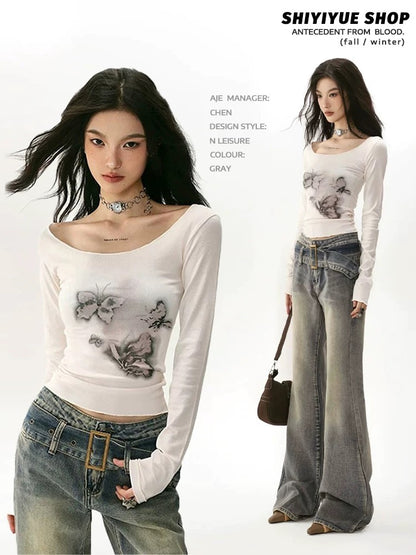 SHIYIYUE American retro butterfly tie-dye printed long-sleeved T-shirt for women in autumn and winter niche slim bottoming shirt top