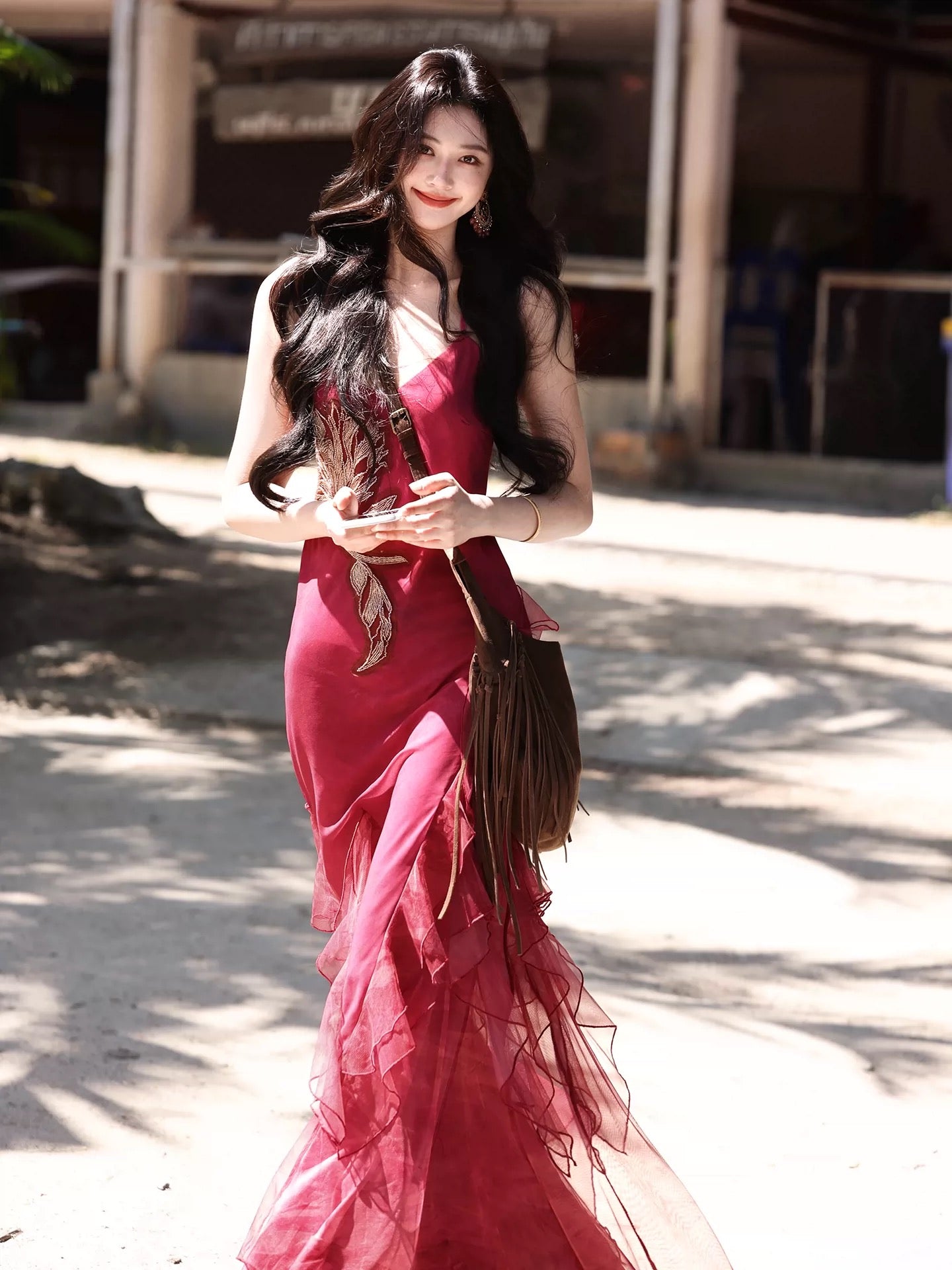 AZure French-style slim-fit fishtail halter maxi dress, elegant, flattering, slimming, waist-cinching, beaded floor-length skirt