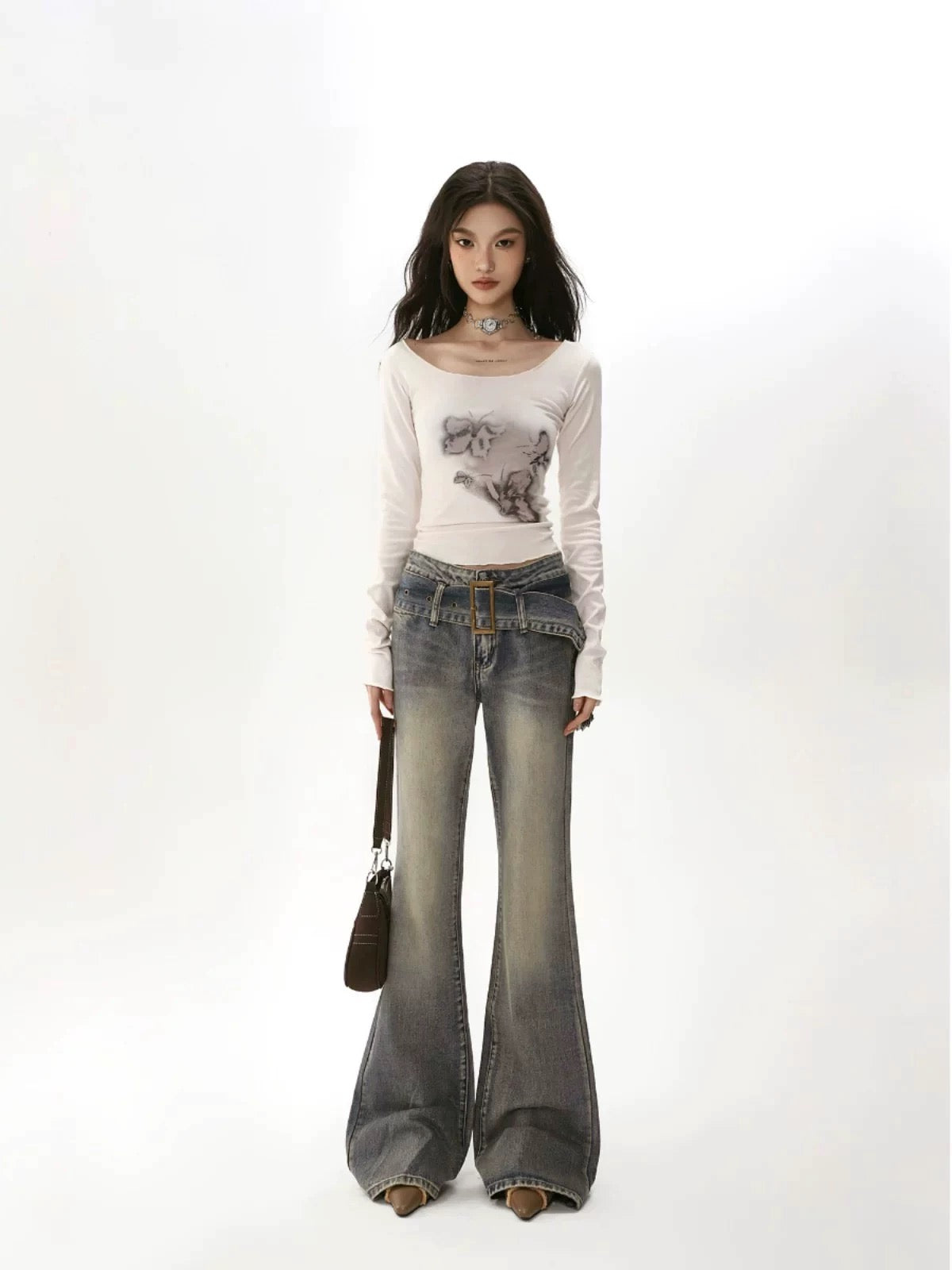 SHIYIYUE American retro butterfly tie-dye printed long-sleeved T-shirt for women in autumn and winter niche slim bottoming shirt top