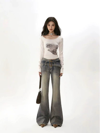 SHIYIYUE American retro butterfly tie-dye printed long-sleeved T-shirt for women in autumn and winter niche slim bottoming shirt top