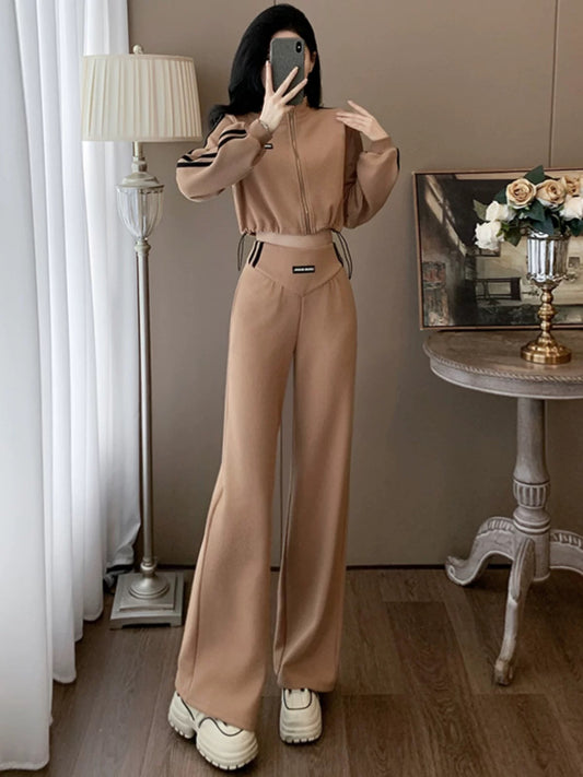 European brand casual sports suits for women 2025 autumn cool short long-sleeved tops wide-leg pants two-piece suit