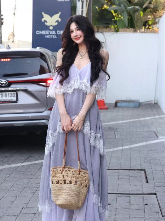 AZure French Retro V-neck Spaghetti Strap Dress, Two-Way Wear, Gradient Color Block Lace Floor-Length Elegant Dress