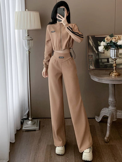 European brand casual sports suits for women 2025 autumn cool short long-sleeved tops wide-leg pants two-piece suit