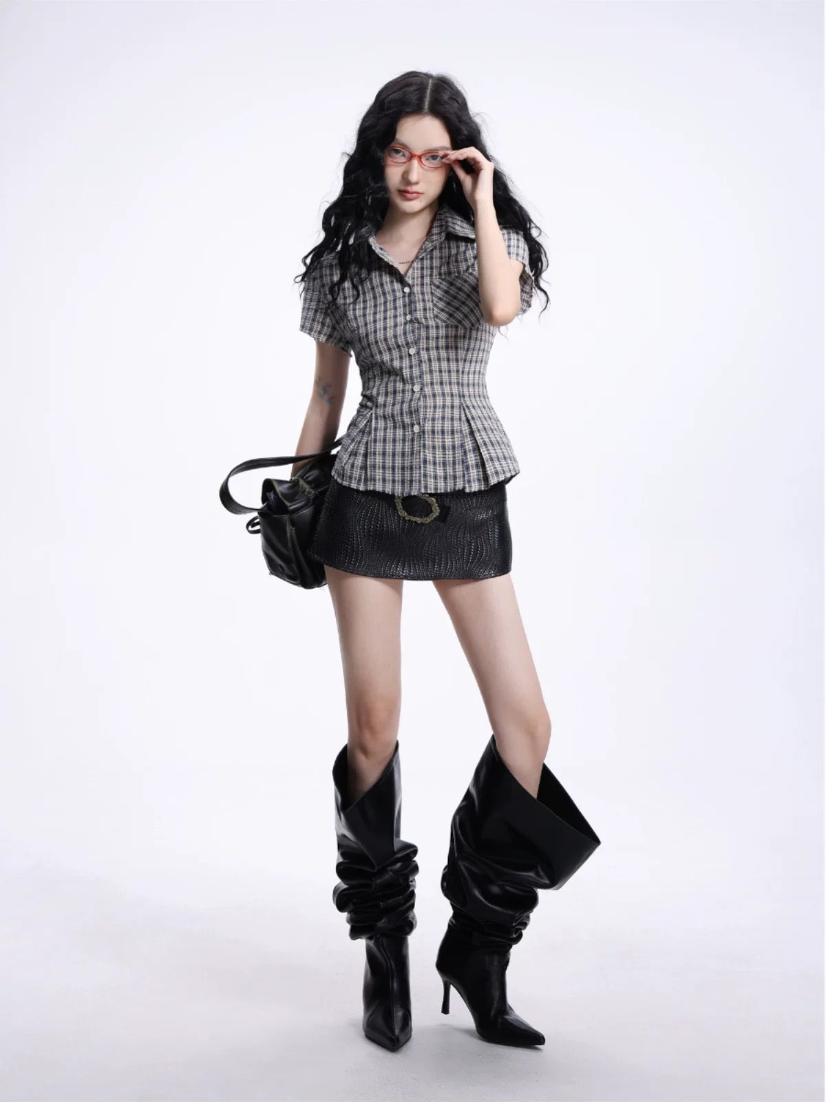 SHIYIYUE American retro plaid short-sleeved shirt, college style shirt, slim waist, chic top, new shirt