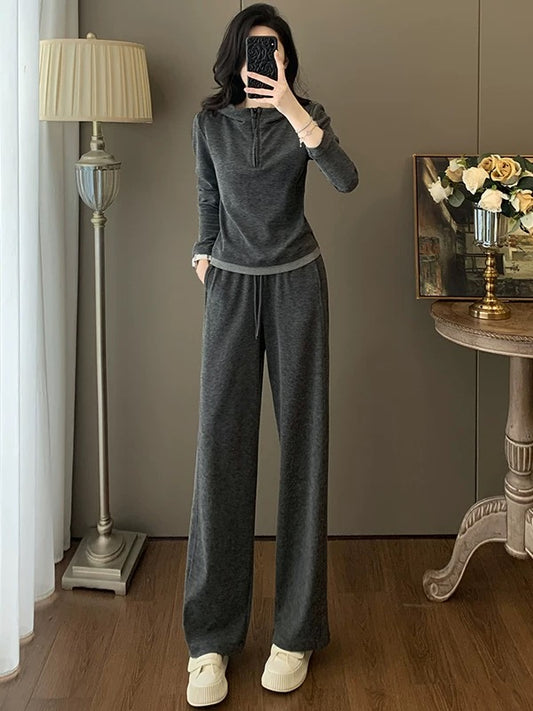 Fashionable gray casual sports suit for women 2025 autumn slim waist slimming long sleeve top wide leg pants two-piece suit