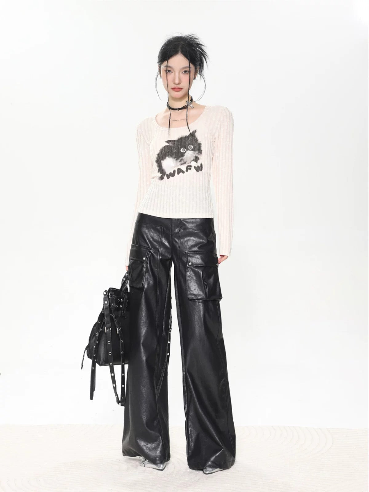 SHIYIYUE American retro cat print T-shirt women's round neck knitted long-sleeved top autumn and winter hot girl bottoming shirt