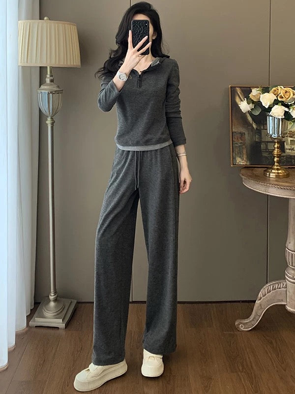 Fashionable gray casual sports suit for women 2025 autumn slim waist slimming long sleeve top wide leg pants two-piece suit