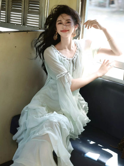 AZure French Retro Mint Green Dress with Ruffled Sleeves, Tie-Waist, Cake Skirt, and Deep U-Neck - Slimming and Elegant for Summer