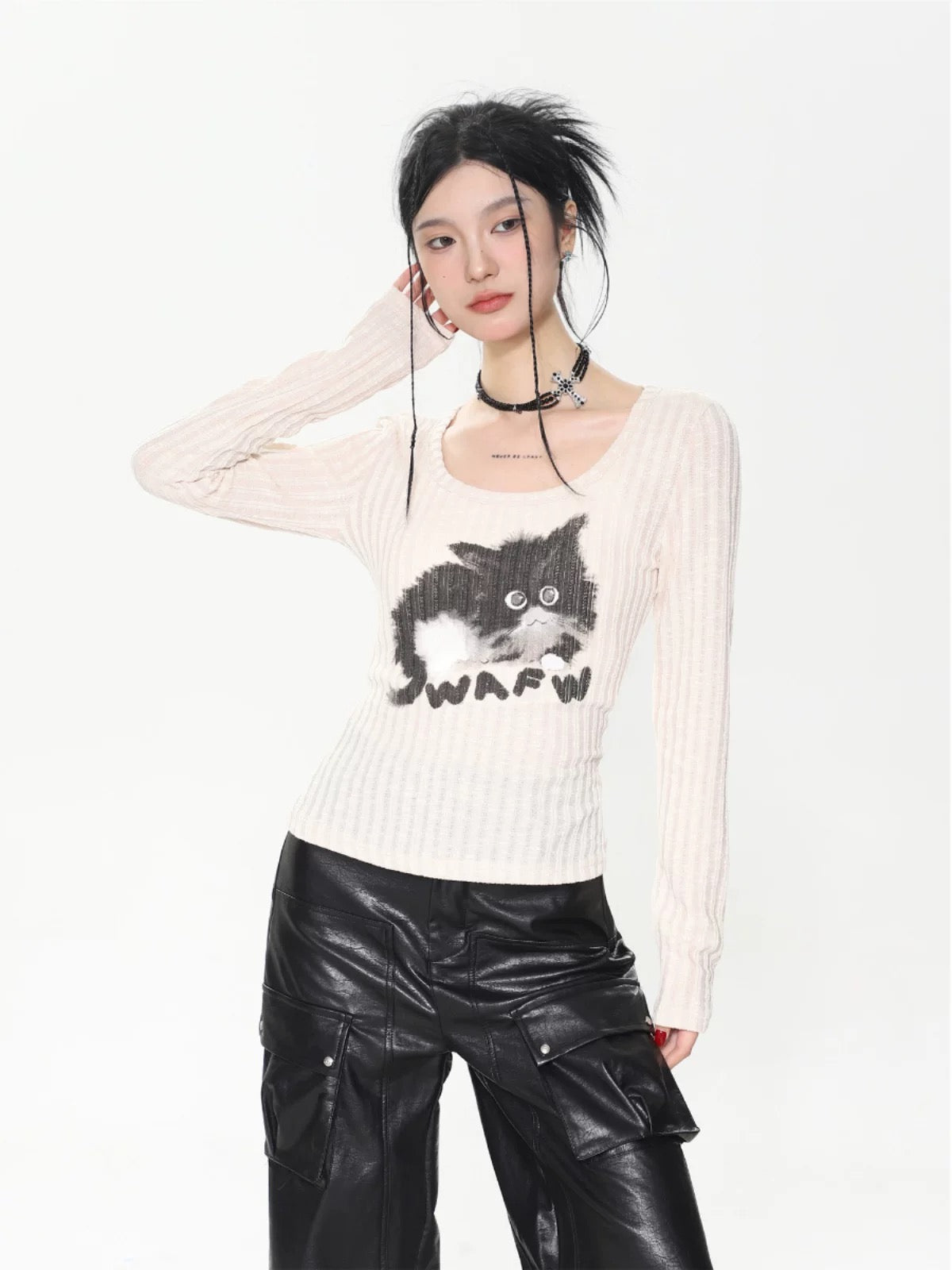 SHIYIYUE American retro cat print T-shirt women's round neck knitted long-sleeved top autumn and winter hot girl bottoming shirt