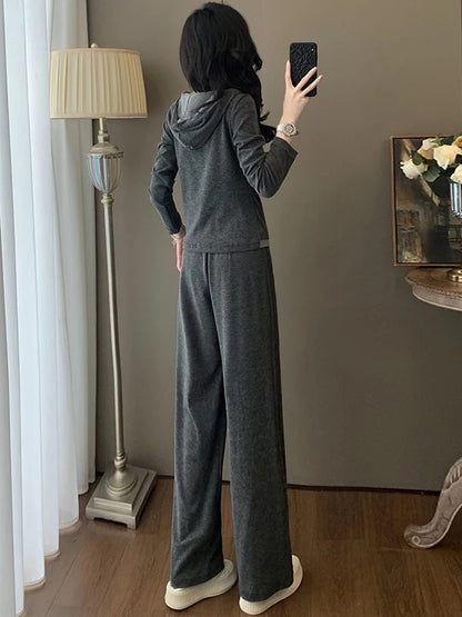 Fashionable gray casual sports suit for women 2025 autumn slim waist slimming long sleeve top wide leg pants two-piece suit