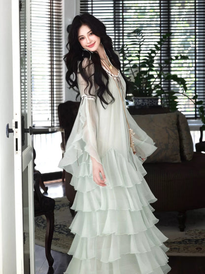 AZure French Retro Mint Green Dress with Ruffled Sleeves, Tie-Waist, Cake Skirt, and Deep U-Neck - Slimming and Elegant for Summer