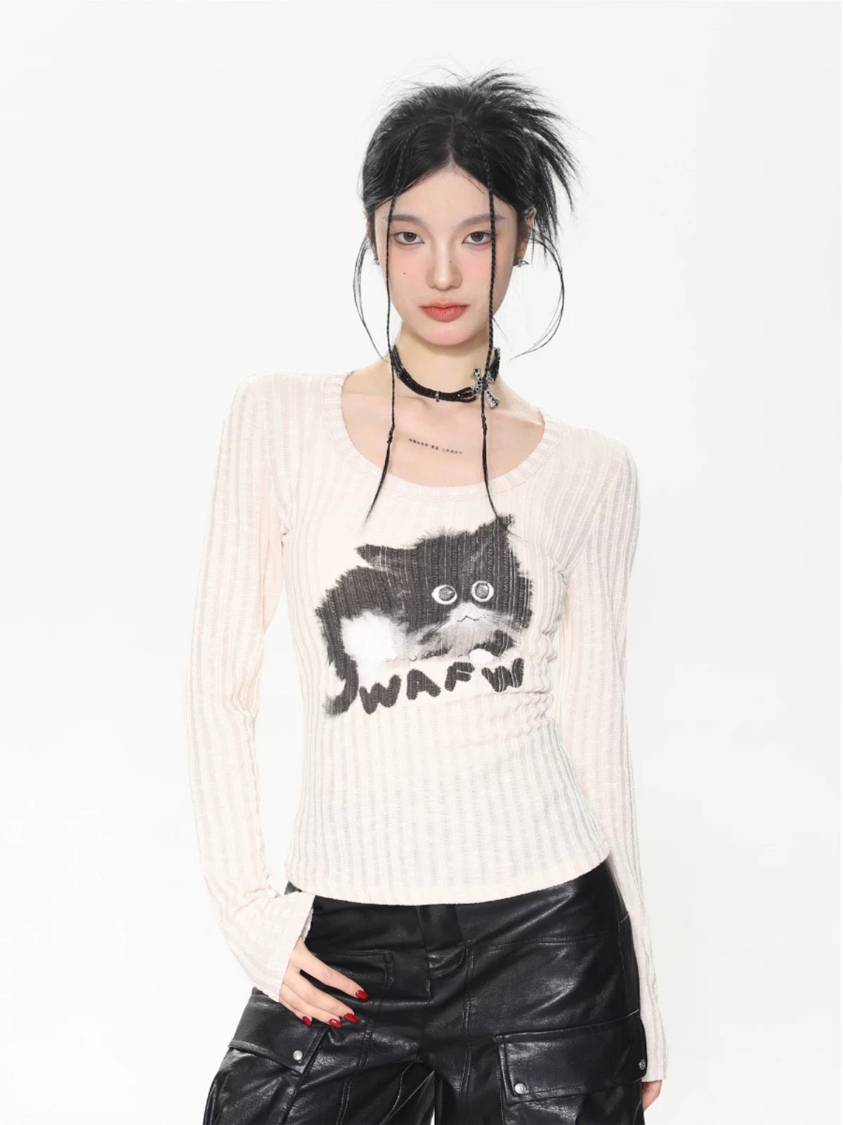 SHIYIYUE American retro cat print T-shirt women's round neck knitted long-sleeved top autumn and winter hot girl bottoming shirt