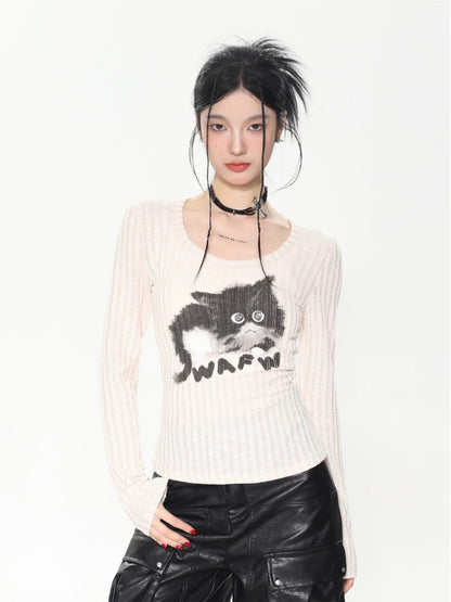 SHIYIYUE American retro cat print T-shirt women's round neck knitted long-sleeved top autumn and winter hot girl bottoming shirt