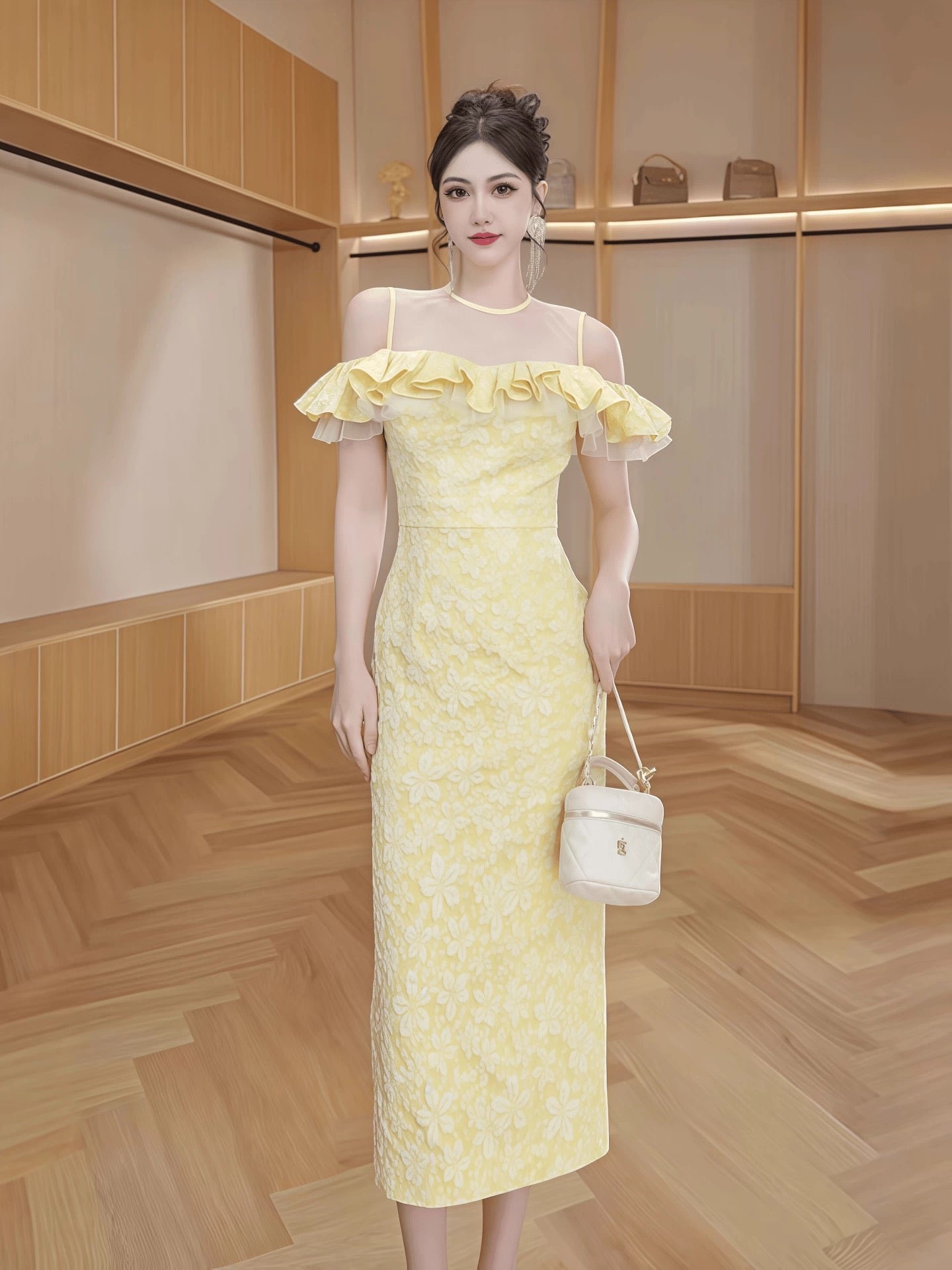 51406 This year's popular yellow ruffle dress female French summer beautiful off-shoulder long skirt