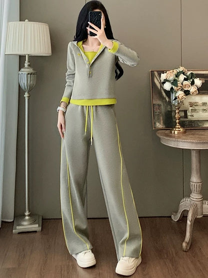 European goods niche casual sports suit women 2025 autumn age-reducing fashionable fake two-piece sweatshirt wide-leg pants two-piece suit