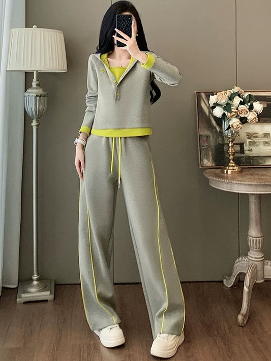 European goods niche casual sports suit women 2025 autumn age-reducing fashionable fake two-piece sweatshirt wide-leg pants two-piece suit