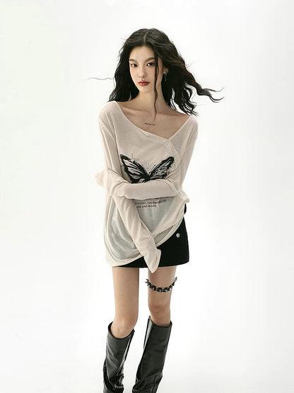 SHIYIYUE American bow print sun protection long-sleeved T-shirt for women spring and summer design one-shoulder hot girl top