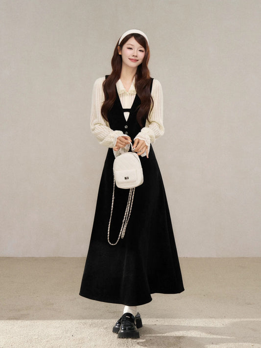A Little Wild Berry Korean Style School Style Long-Sleeved Dress for Women, New Early Winter Style, Super Cute Lace-Trimmed Long Dress