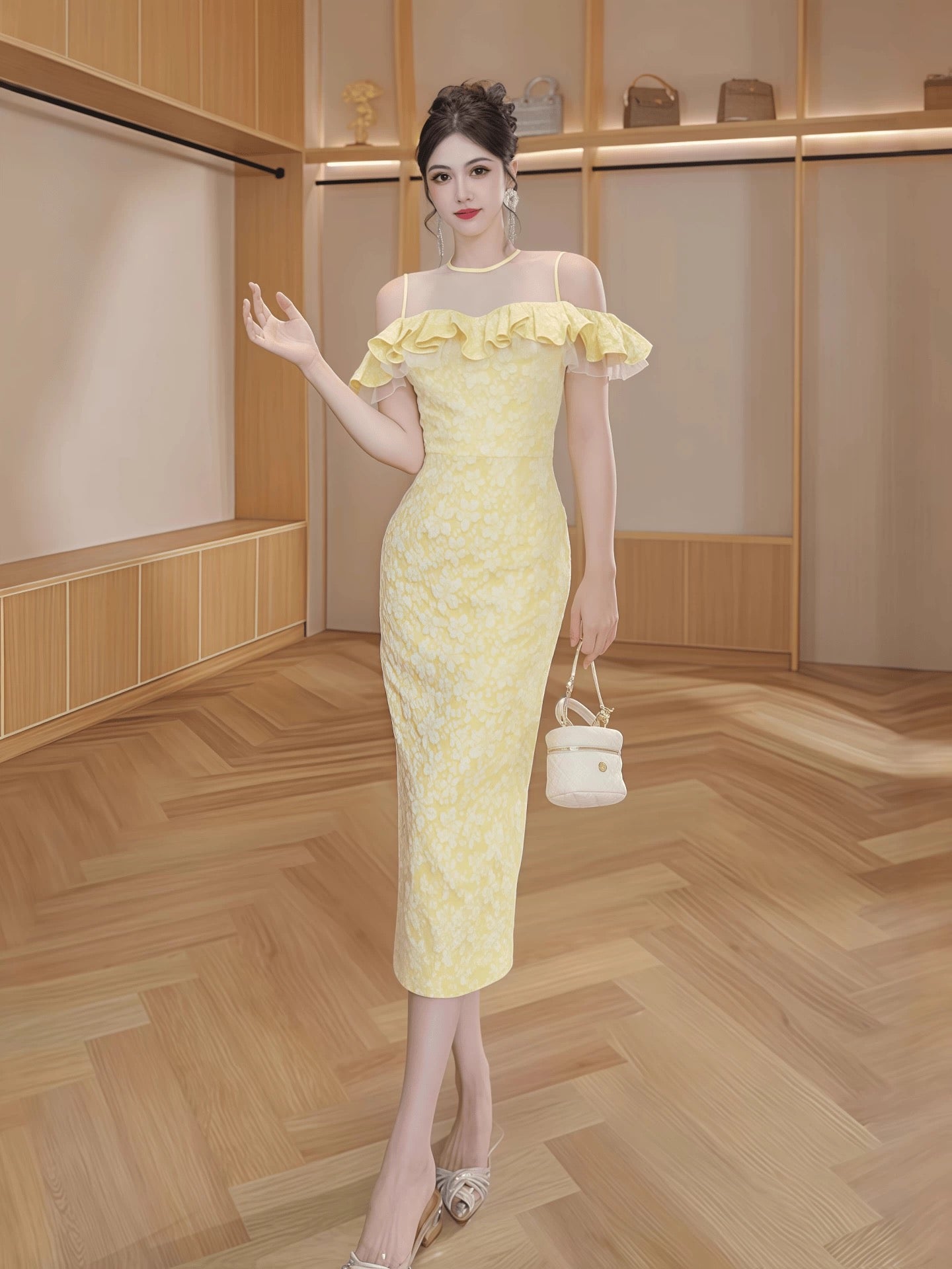 51406 This year's popular yellow ruffle dress female French summer beautiful off-shoulder long skirt