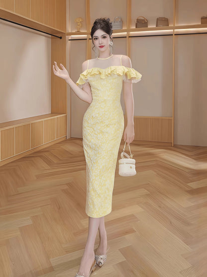 51406 This year's popular yellow ruffle dress female French summer beautiful off-shoulder long skirt