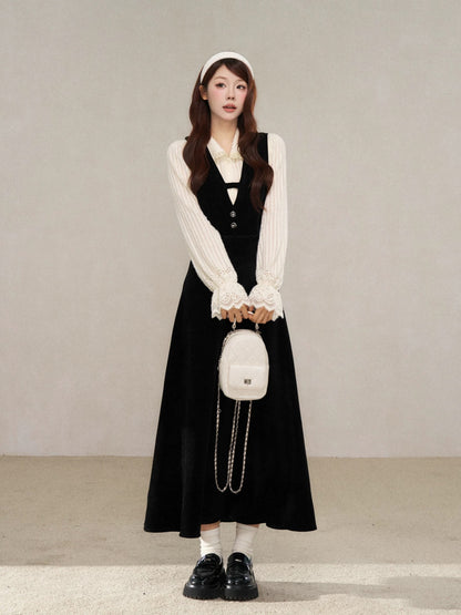 A Little Wild Berry Korean Style School Style Long-Sleeved Dress for Women, New Early Winter Style, Super Cute Lace-Trimmed Long Dress