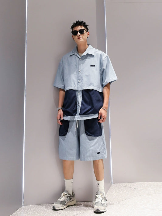Youshu color matching fake two-piece trendy suit summer men's large pocket design short-sleeved shirt and shorts two-piece set