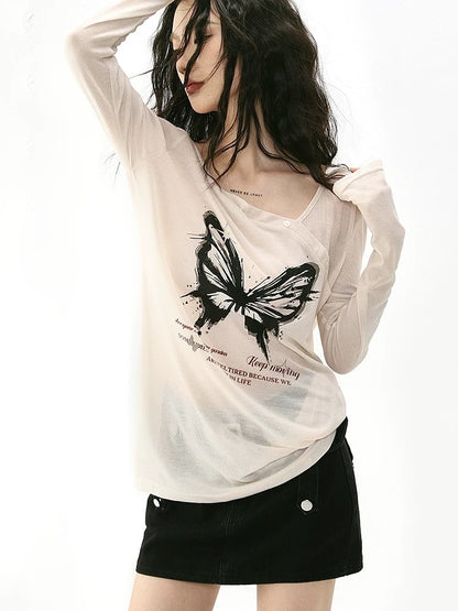 SHIYIYUE American bow print sun protection long-sleeved T-shirt for women spring and summer design one-shoulder hot girl top