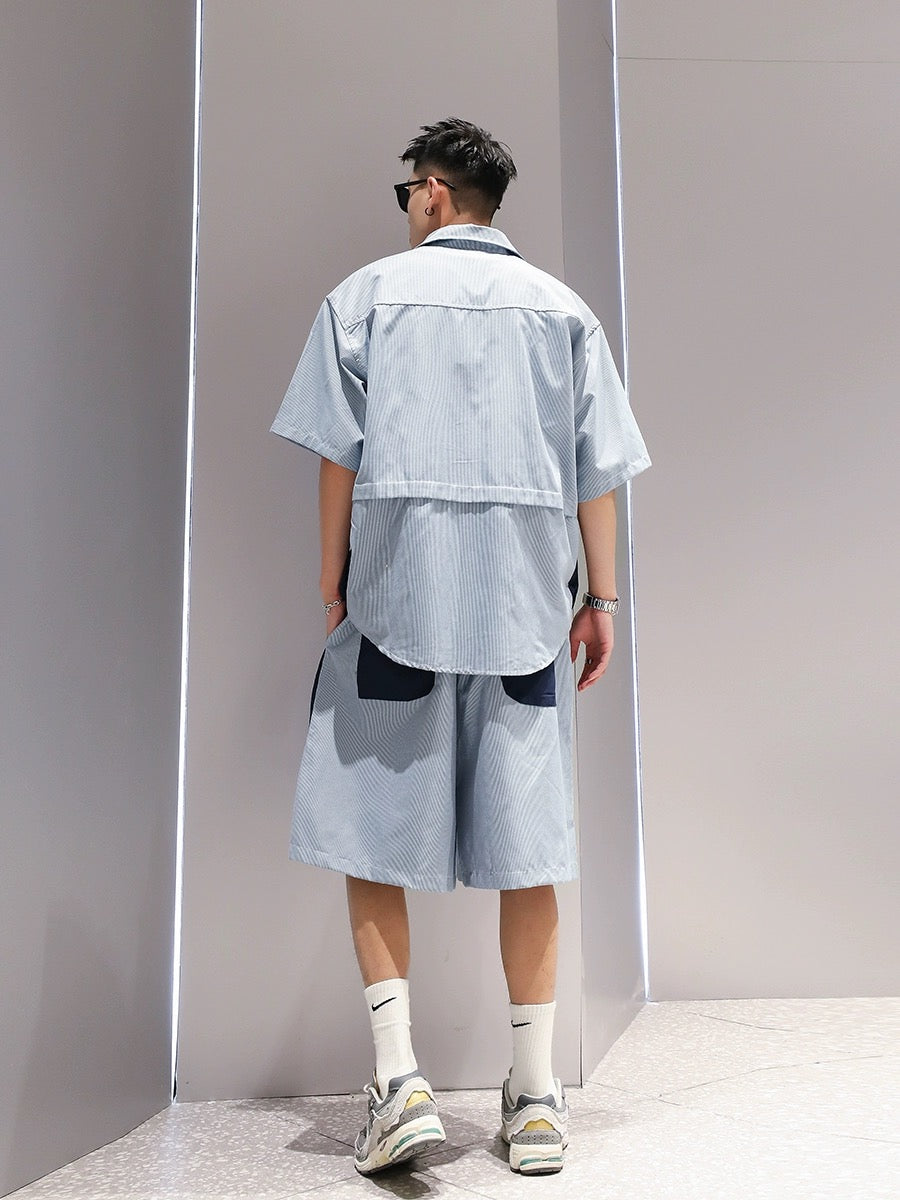 Youshu color matching fake two-piece trendy suit summer men's large pocket design short-sleeved shirt and shorts two-piece set