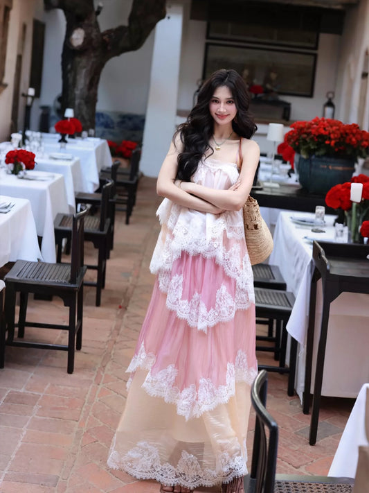 AZure French Retro Lace Gradient Dress, Spaghetti Strap Tie-Waist Long Dress, Heavy Lace Patchwork Elegant Long Dress