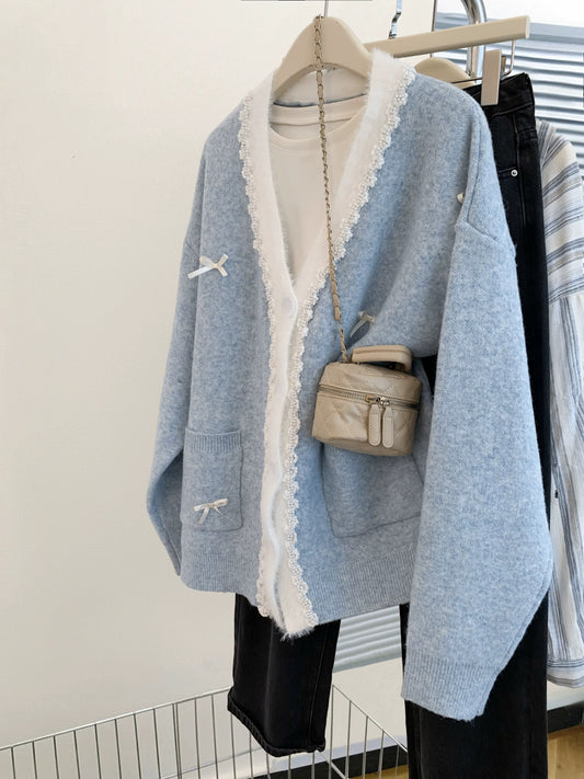Blue v-neck bow cashmere sweater jacket for women 2025 winter French style loose high-end knitted cardigan outer wear