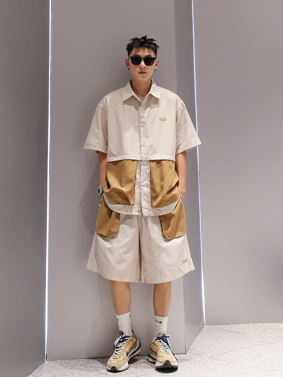 Youshu color matching fake two-piece trendy suit summer men's large pocket design short-sleeved shirt and shorts two-piece set