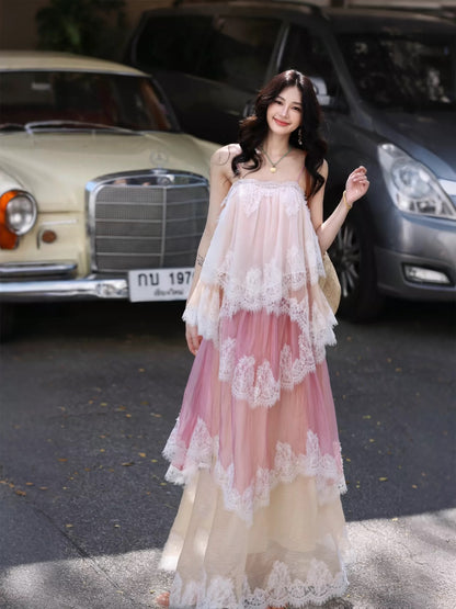 AZure French Retro Lace Gradient Dress, Spaghetti Strap Tie-Waist Long Dress, Heavy Lace Patchwork Elegant Long Dress