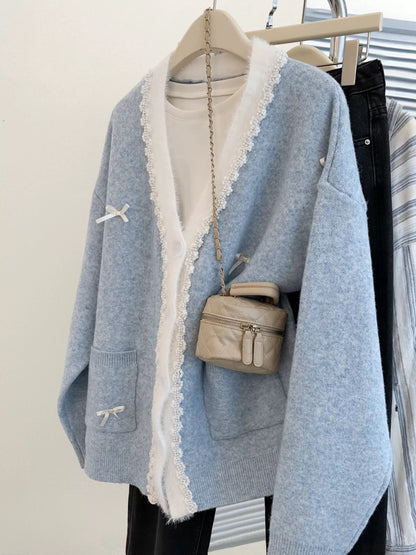 Blue v-neck bow cashmere sweater jacket for women 2025 winter French style loose high-end knitted cardigan outer wear