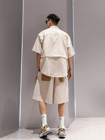 Youshu color matching fake two-piece trendy suit summer men's large pocket design short-sleeved shirt and shorts two-piece set