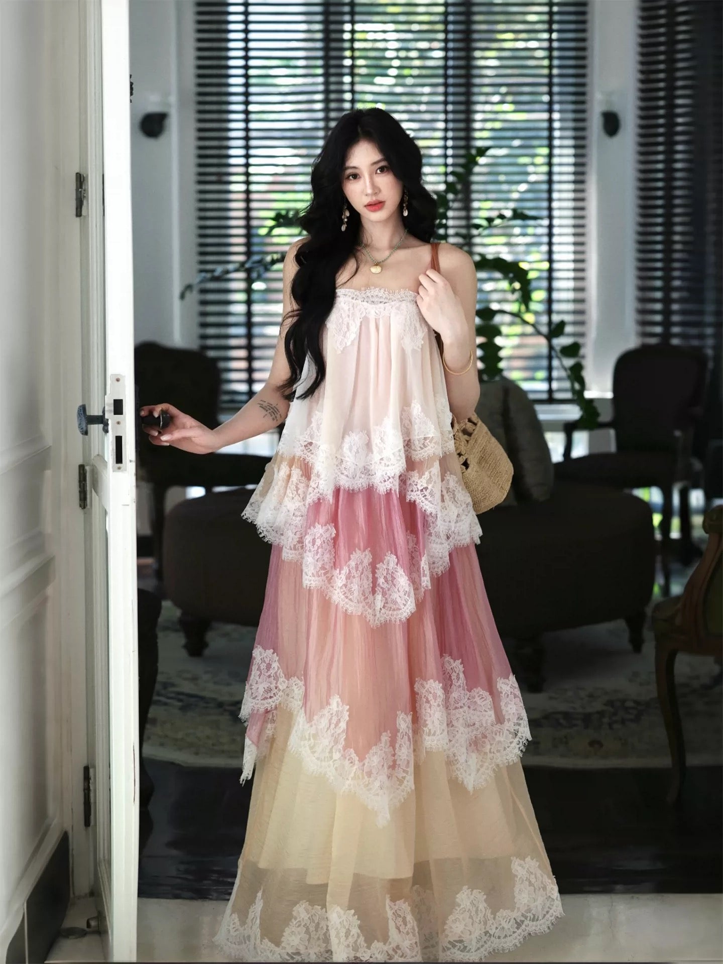 AZure French Retro Lace Gradient Dress, Spaghetti Strap Tie-Waist Long Dress, Heavy Lace Patchwork Elegant Long Dress