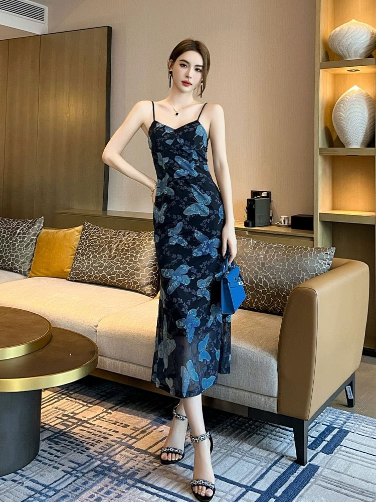 European style suspender dress for women summer seaside vacation high-grade butterfly print slim fit hip skirt