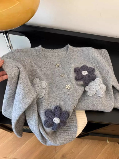 Recommended hot style for yourself ~ Lazy hand-embroidered flower sweater for women autumn and winter 2024 new knitted cardigan top