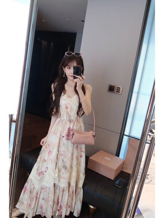 Deer Deer French Style Tencel Linen Floral Embroidery Lace Camisole Dress Women's Summer Slim Waist Long Skirt