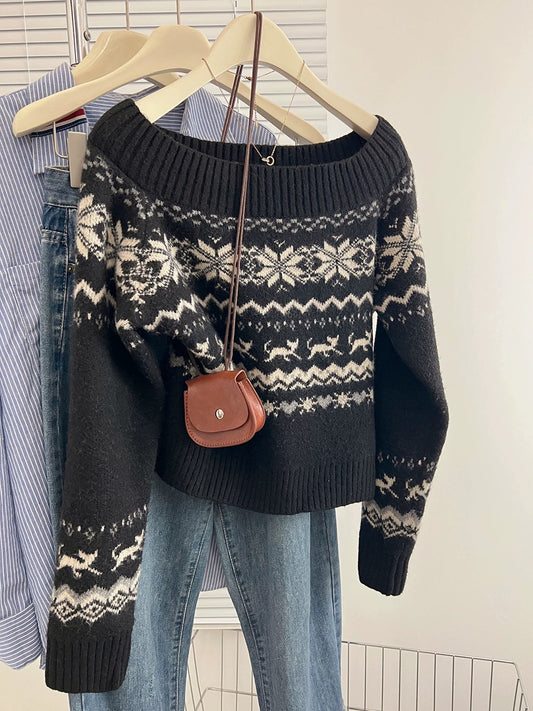 Fair Isle Black One Shoulder Sweater 2025 Autumn and Winter New Korean Lazy High-end Knitted Sweater Tops Women