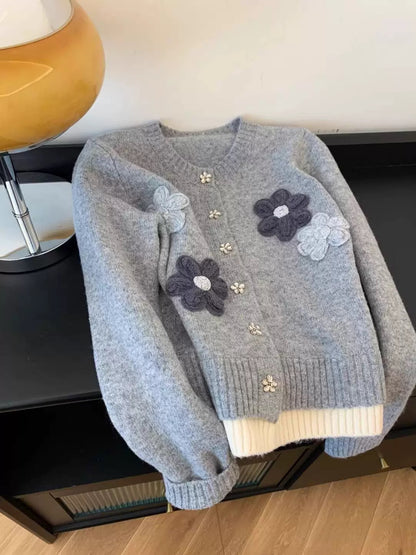 Recommended hot style for yourself ~ Lazy hand-embroidered flower sweater for women autumn and winter 2024 new knitted cardigan top