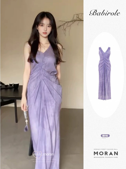 New Chinese style sleeveless V-neck dress for women summer high-end purple waist slimming vest long dress