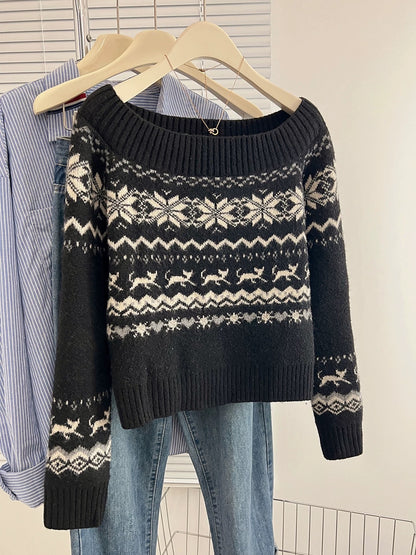 Fair Isle Black One Shoulder Sweater 2025 Autumn and Winter New Korean Lazy High-end Knitted Sweater Tops Women