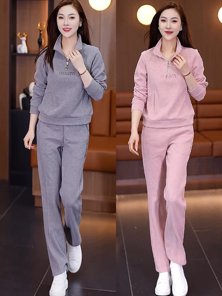 European casual sportswear suit for women 2024 spring and autumn new style foreign style age-reducing stand-up collar sweatshirt straight pants two-piece set